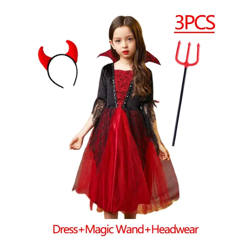 Girls Boys Vampire Dress Kid Ghost Bride Gothic Cosplay Vampire Devil Bat Halloween Costume Vampiran Carnival Outfit Clothes