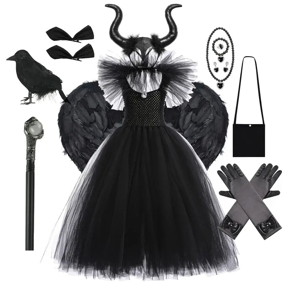 Halloween Girl Witch Costume Tulle Dress for Girls Cosplay Evil Queen Black Mesh Princess Dress Kids Crow Wand