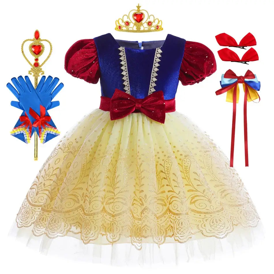 Snow White Costume for Kids Halloween Princess Cosplay Disguise Movie Birthday Party Clothing Girls Role Play Bowknot Dress