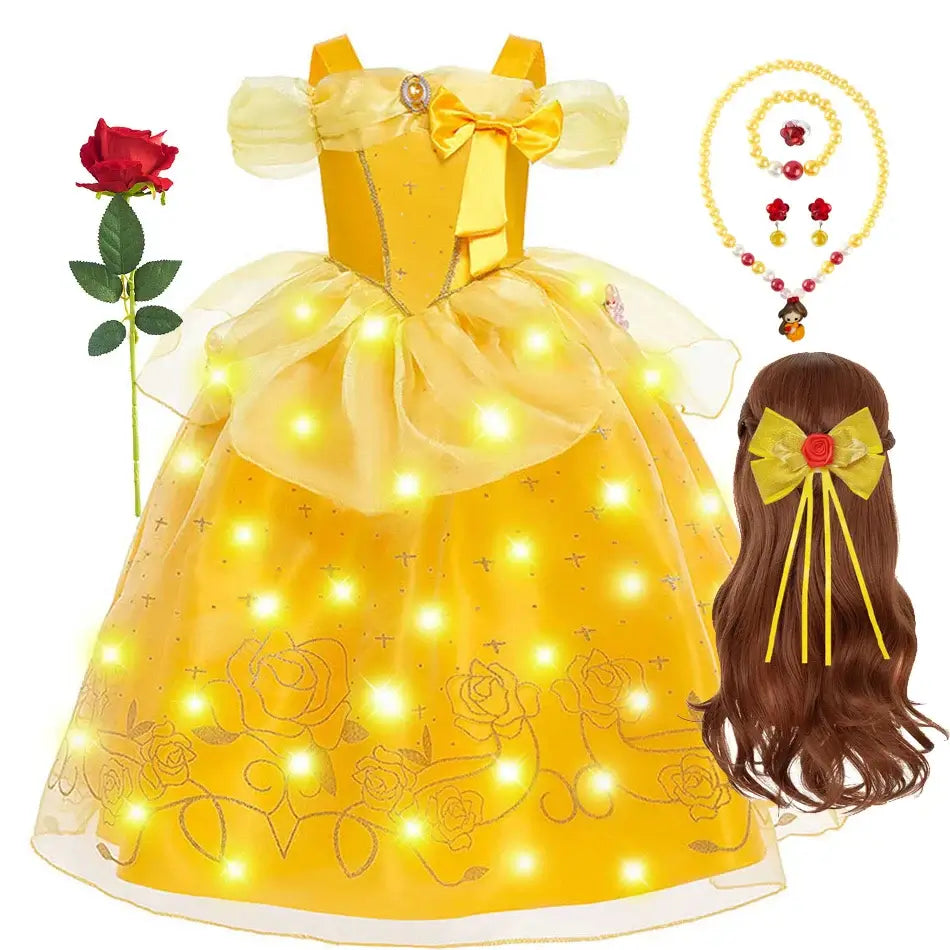 Princess Belle Cosplay Dress Disney Floral Off Shoulder Mesh Kid LED Light Halloween Costume Beauty and the Beast Birthday