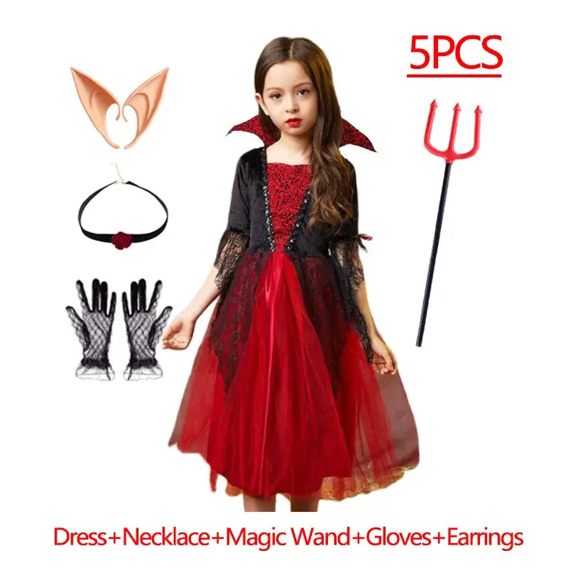 Girls Boys Vampire Dress Kid Ghost Bride Gothic Cosplay Vampire Devil Bat Halloween Costume Vampiran Carnival Outfit Clothes