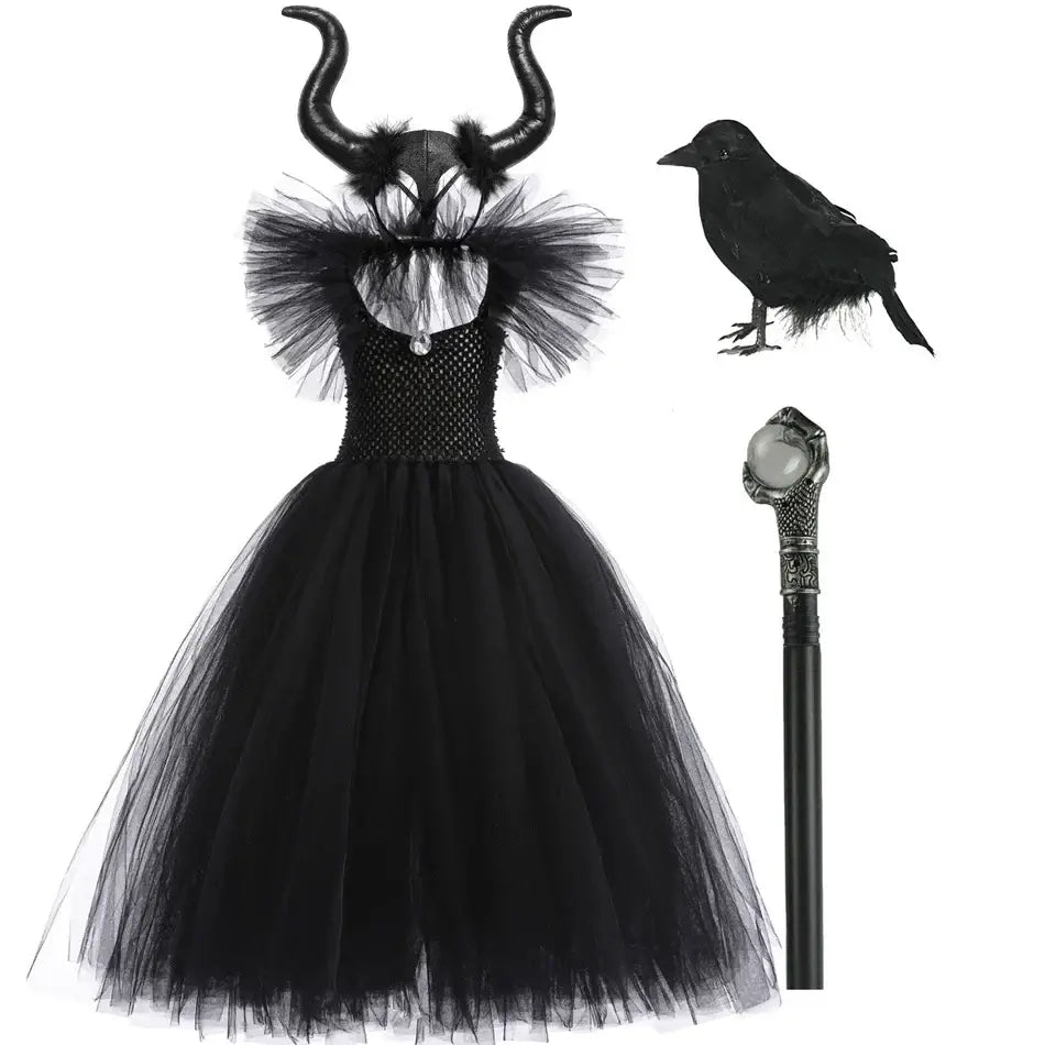 Halloween Girl Witch Costume Tulle Dress for Girls Cosplay Evil Queen Black Mesh Princess Dress Kids Crow Wand