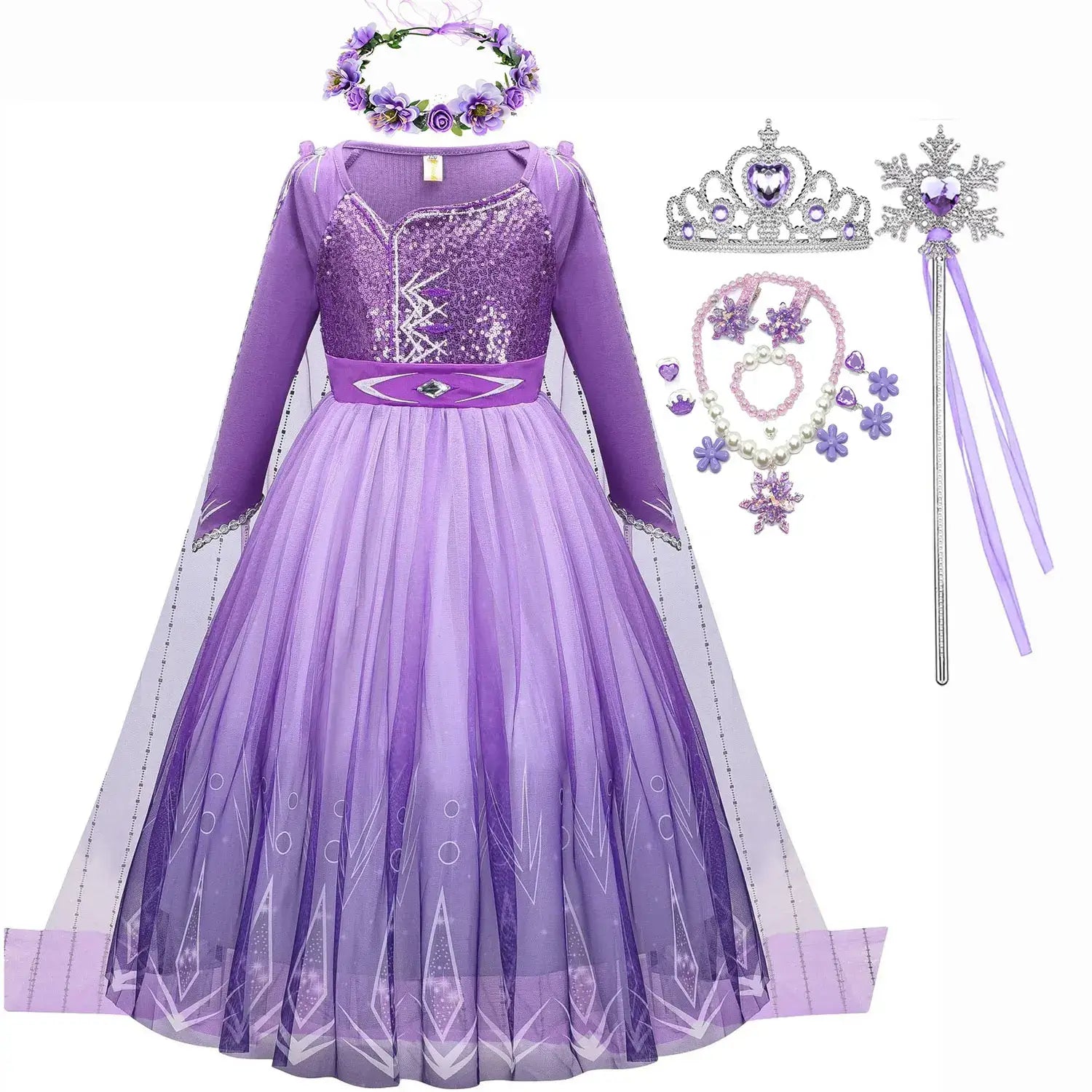 Disney Halloween Costume for Kids Girl's Elsa Mesh Ball Dress With Ruffle Trim Embroidered Birthday Princess Dresses for Baby