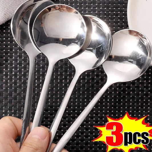 1/3Pcs Stainless Steel Spoon Thicken Long Handle Soup Spoons Round Scoops Ice Cream Dessert Coffee Drinking Kitchen Tableware