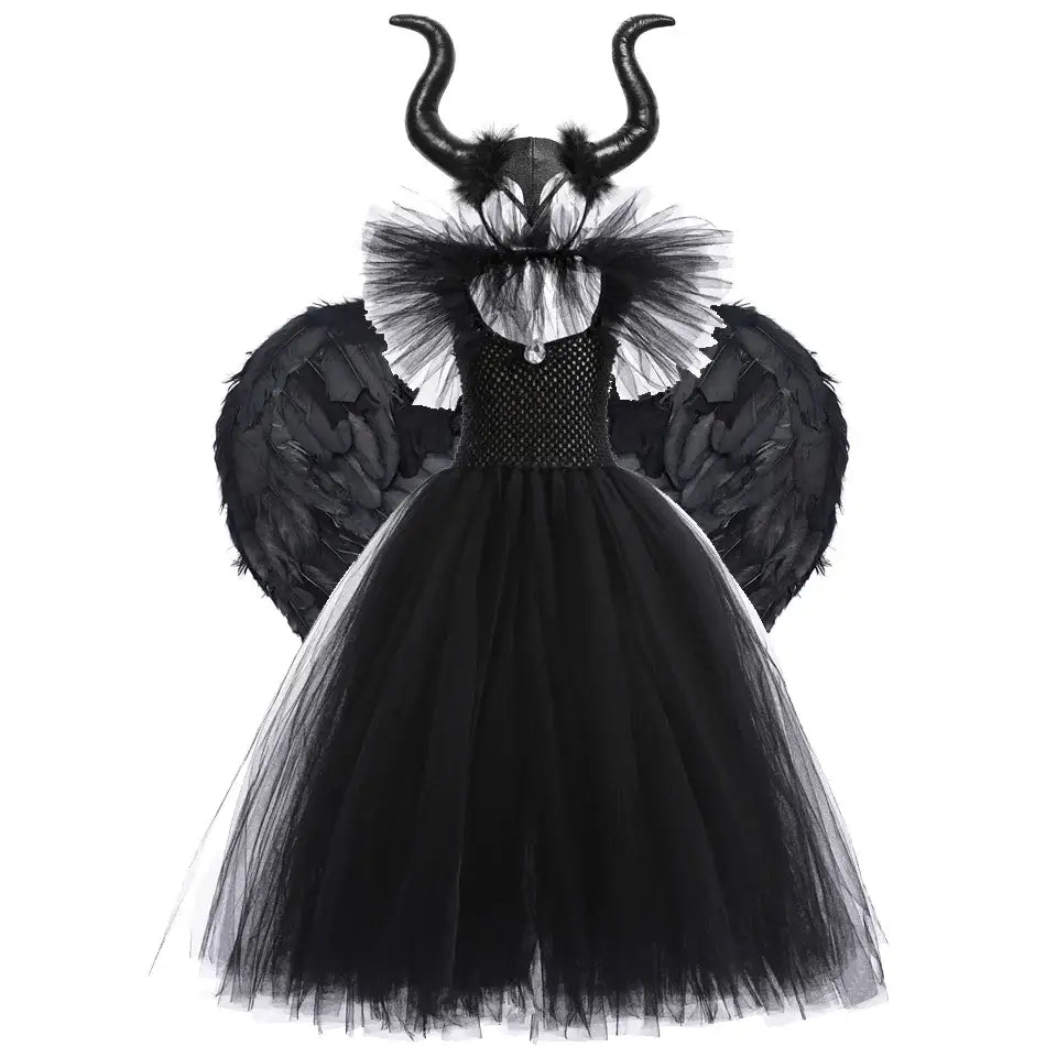 Halloween Girl Witch Costume Tulle Dress for Girls Cosplay Evil Queen Black Mesh Princess Dress Kids Crow Wand