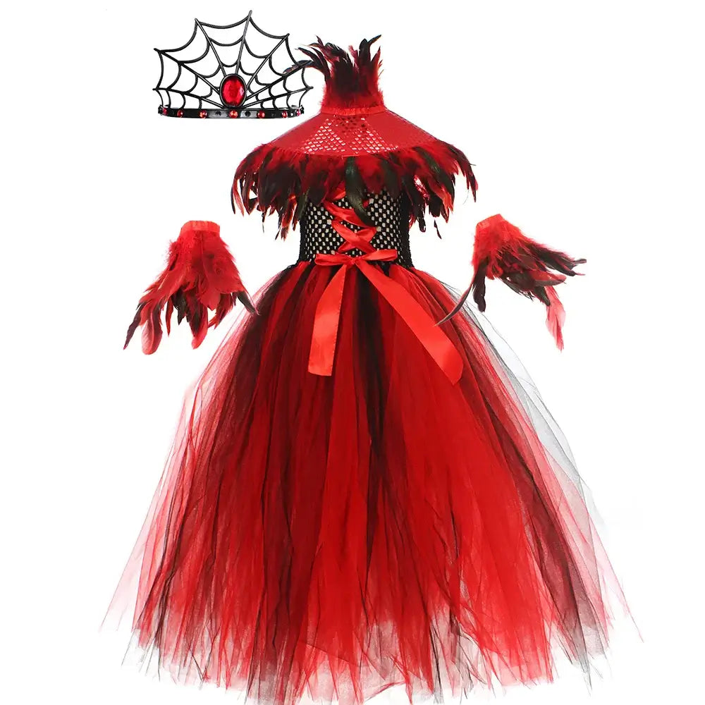 Girls Royal Vampire Costume for Kids Gothic Queen Halloween Dress Up Clothing Fancy Gown Tutu Dress with Feather Sequin Shawl