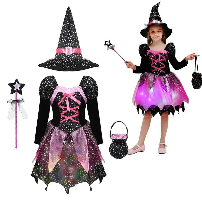 Halloween Baby Girls Cosplay Witch Costume Children Vampire Princess Dress Kids Role Playing Clothes With Bag Hat Carnival Party