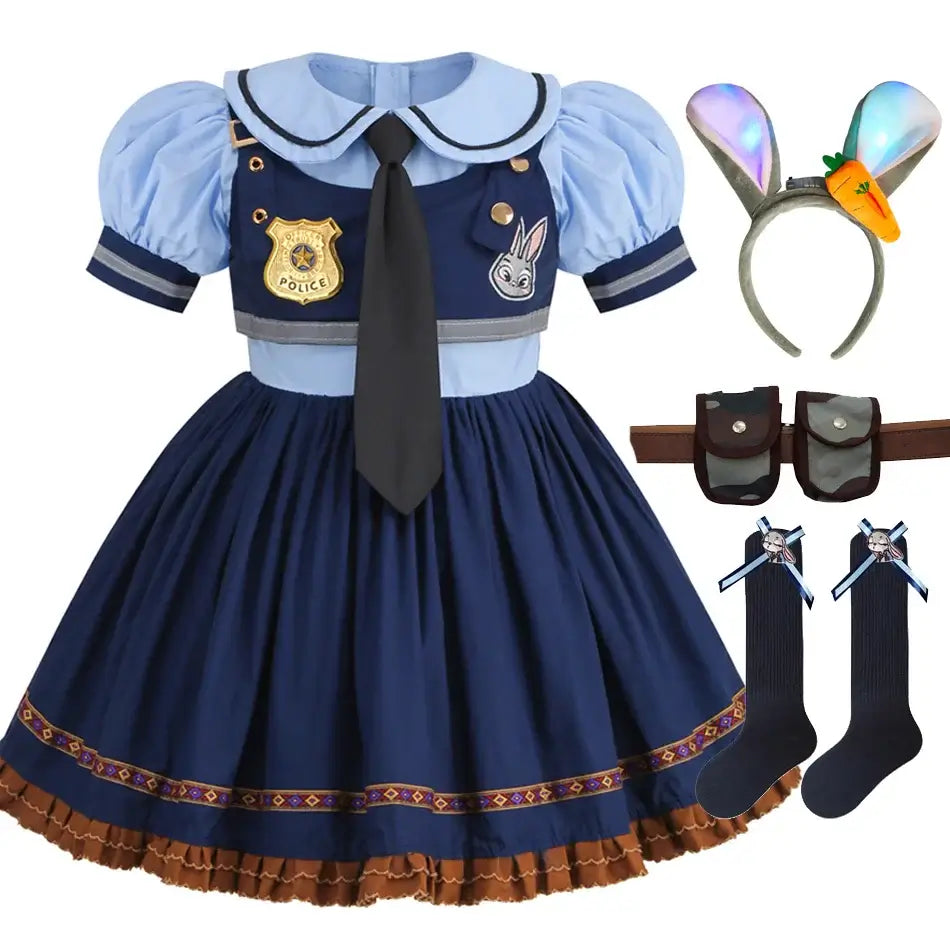 Movie Zootropolis Judy Cosplay Costume Kids Dress Tie Headdress Belt Socks Full Set Girls Police Role Play Uniform Halloween