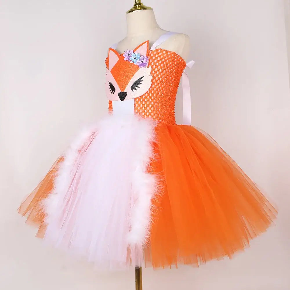 Orange White Fox Tutu Dress for Girls Birthday Party Carnival Fancy Dresses Animal Cosplay Halloween Costume for Kids Clothes