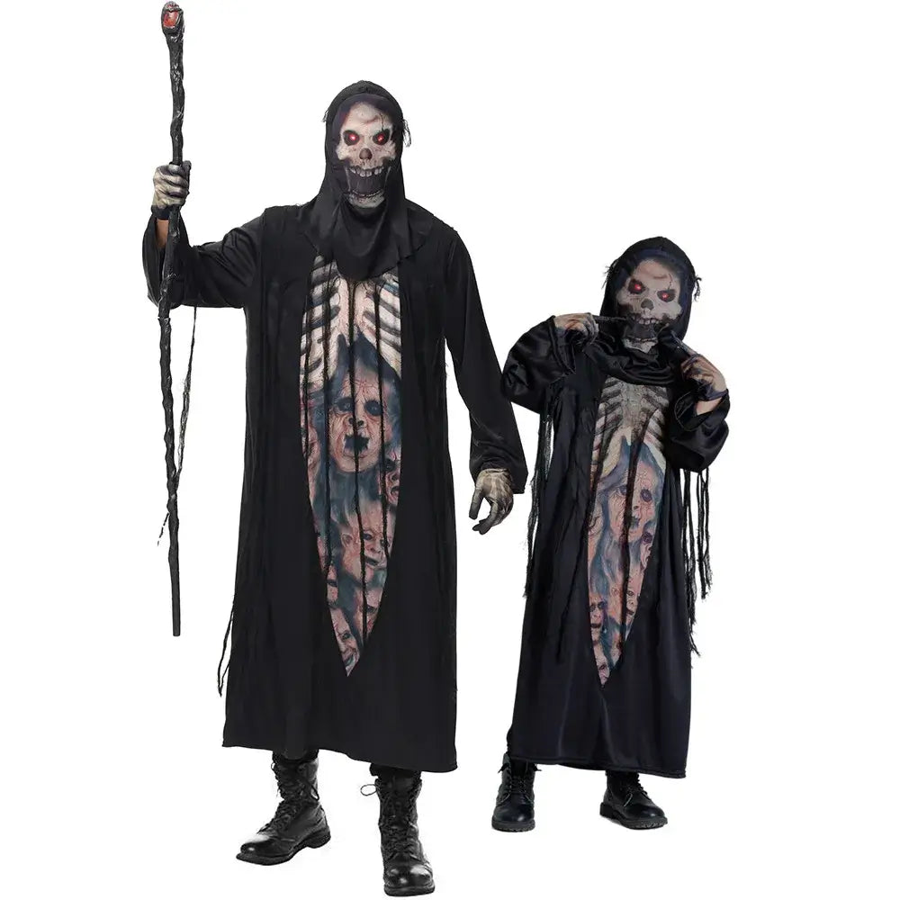 Scary Skeleton Ghost Cosplay Robe for Adult and Kids Monster Demon Devil Ghost Grim Reaper Girl Boy Men Halloween Party Costume