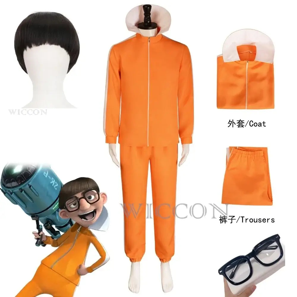 Movie Vector Cosplay Costume Orange Jakect Pant Glasses Outfits Set Mushroom-shaped Wig Halloween Fancy Suit Party Suit