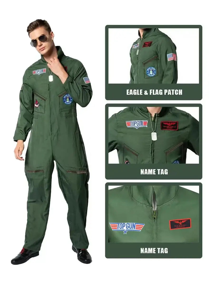 Top Gun Movie Cosplay American Airforce Uniform Halloween Costumes for Men Adult Army Green Military Pilot Jumpsuit Astronaut