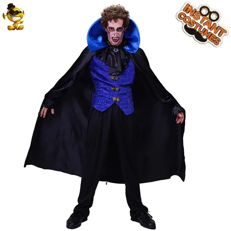 Men Blue Vampire Costume Halloween Cosplay Outfit Adult Classic Gothic Vampire Clothing Purim Party Suit