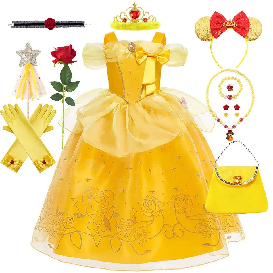 Princess Belle Cosplay Dress Disney Floral Off Shoulder Mesh Kid LED Light Halloween Costume Beauty and the Beast Birthday