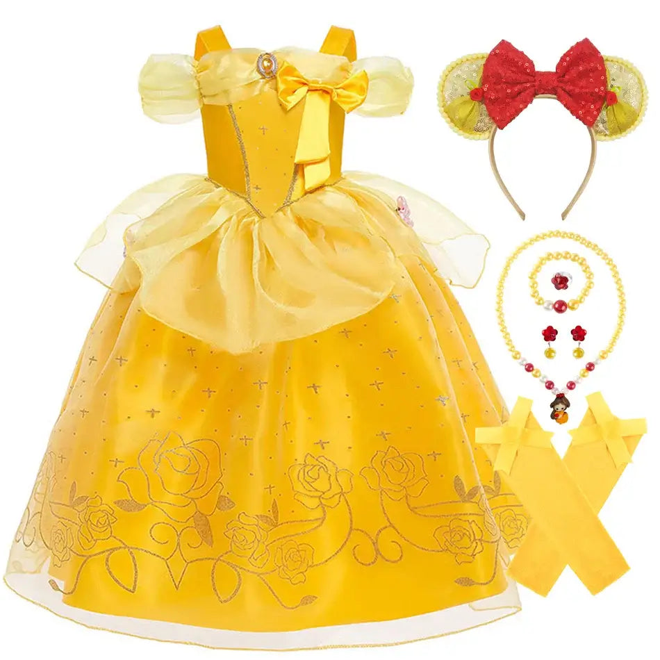 Princess Belle Cosplay Dress Disney Floral Off Shoulder Mesh Kid LED Light Halloween Costume Beauty and the Beast Birthday