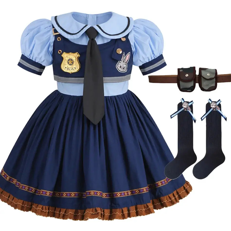 Movie Zootropolis Judy Cosplay Costume Kids Dress Tie Headdress Belt Socks Full Set Girls Police Role Play Uniform Halloween