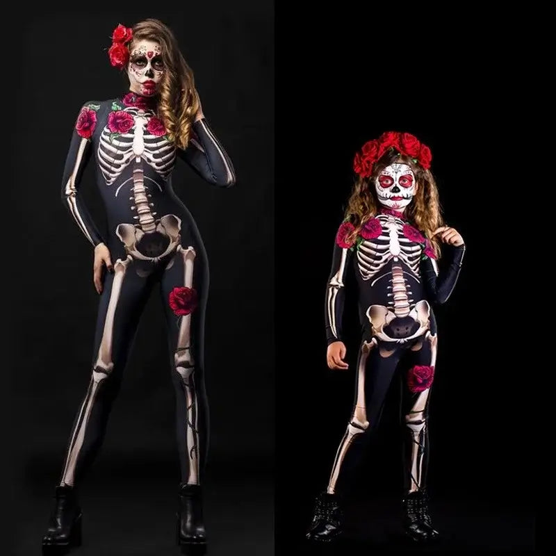 Pink skeleton for adult children scary costume for Halloween Cosplay sexy suit carnival Party Baby Girl cloaks the day of the