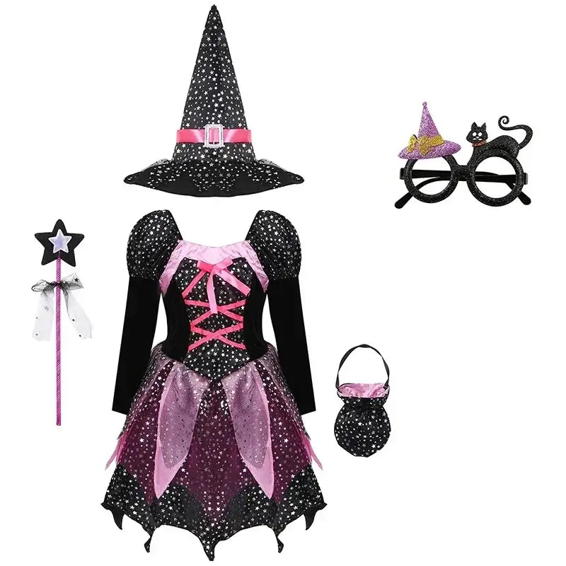 Halloween Baby Girls Cosplay Witch Costume Children Vampire Princess Dress Kids Role Playing Clothes With Bag Hat Carnival Party