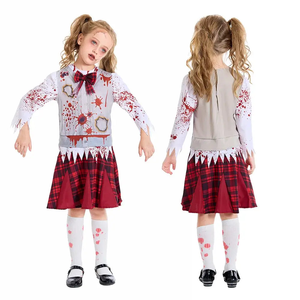 Kid Red Checkered Student Dress Halloween Zombie Cosplay Costume Scary Kids Halloween Party Carnival Costume Fancy Dress