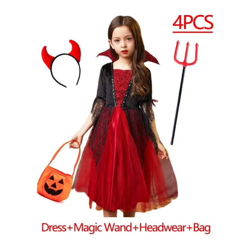 Girls Boys Vampire Dress Kid Ghost Bride Gothic Cosplay Vampire Devil Bat Halloween Costume Vampiran Carnival Outfit Clothes