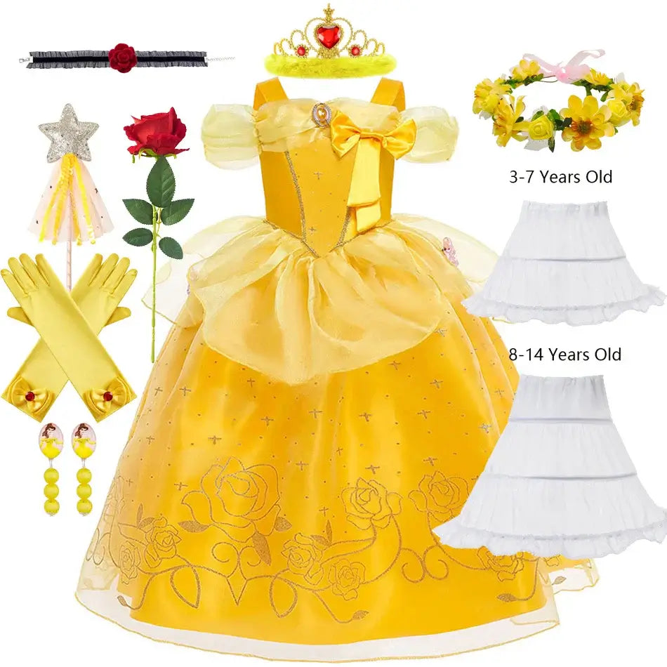 Princess Belle Cosplay Dress Disney Floral Off Shoulder Mesh Kid LED Light Halloween Costume Beauty and the Beast Birthday