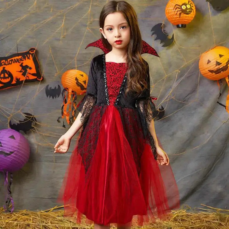 Girls Boys Vampire Dress Kid Ghost Bride Gothic Cosplay Vampire Devil Bat Halloween Costume Vampiran Carnival Outfit Clothes