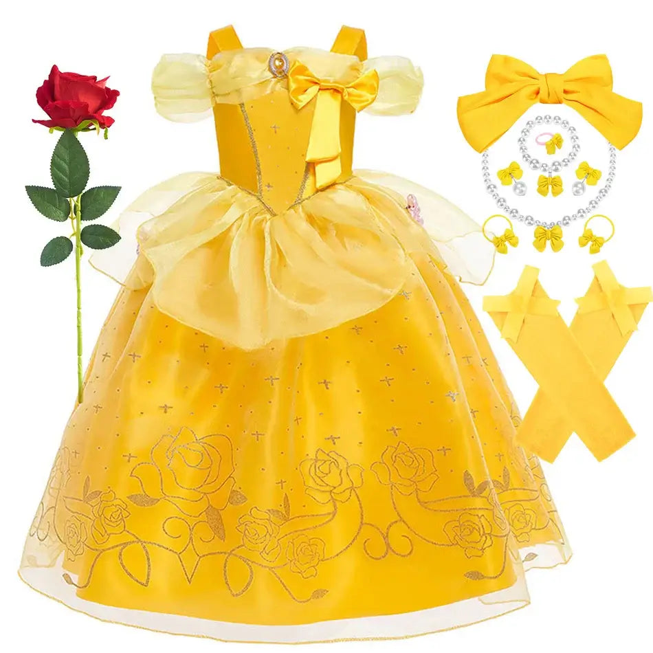 Princess Belle Cosplay Dress Disney Floral Off Shoulder Mesh Kid LED Light Halloween Costume Beauty and the Beast Birthday