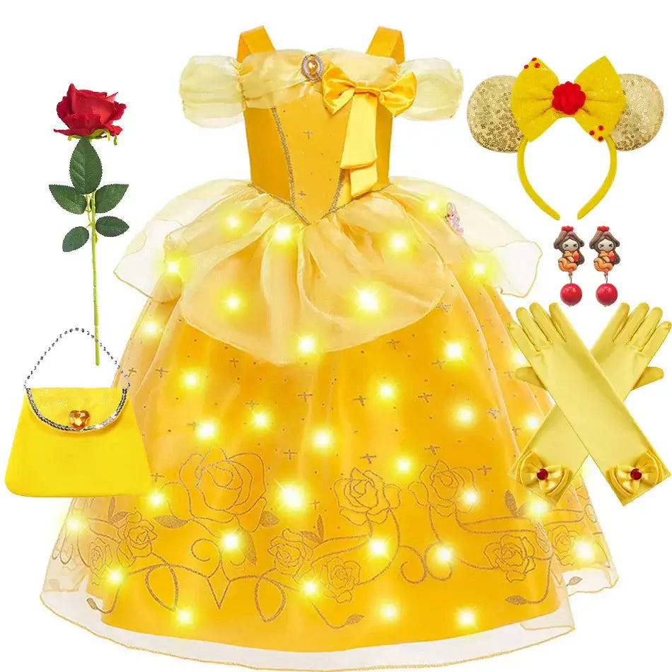 Princess Belle Cosplay Dress Disney Floral Off Shoulder Mesh Kid LED Light Halloween Costume Beauty and the Beast Birthday