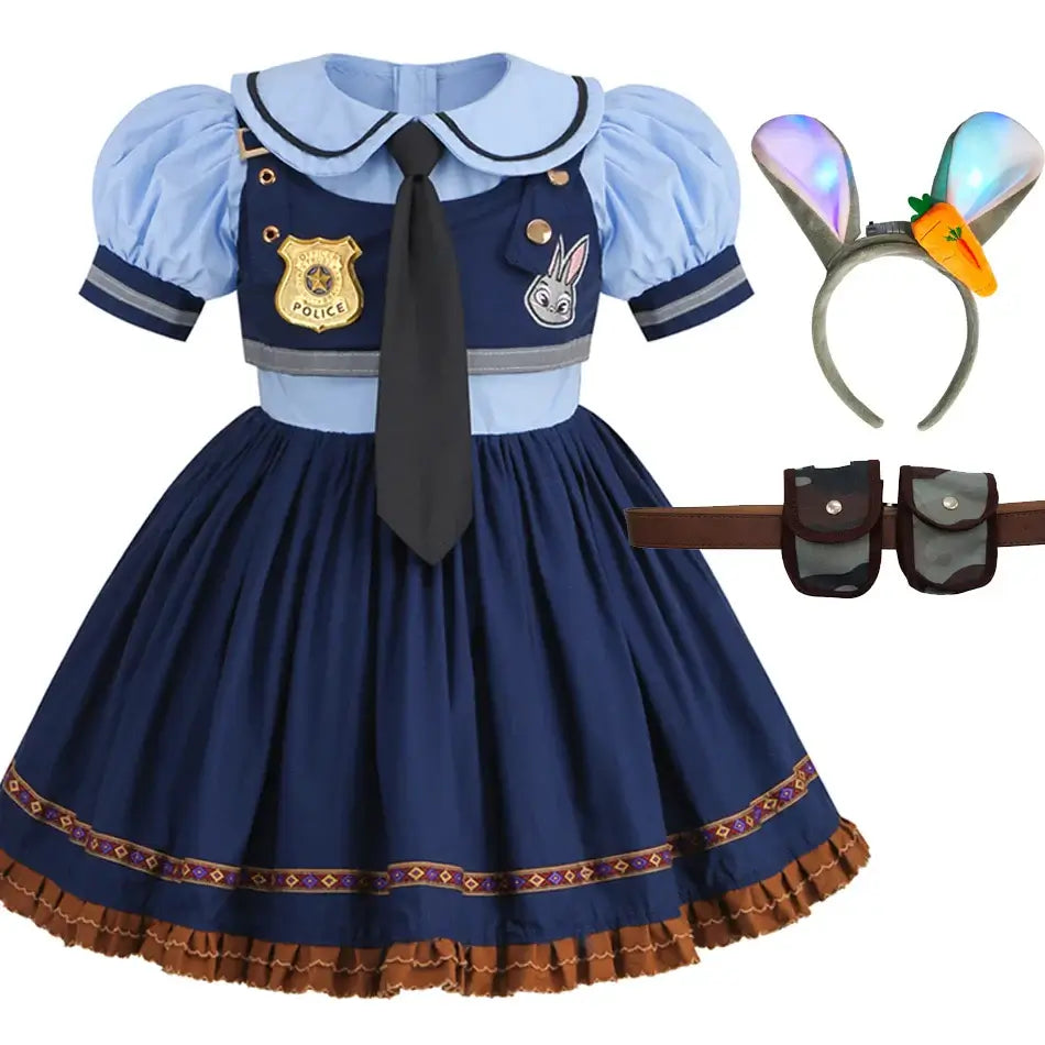 Movie Zootropolis Judy Cosplay Costume Kids Dress Tie Headdress Belt Socks Full Set Girls Police Role Play Uniform Halloween