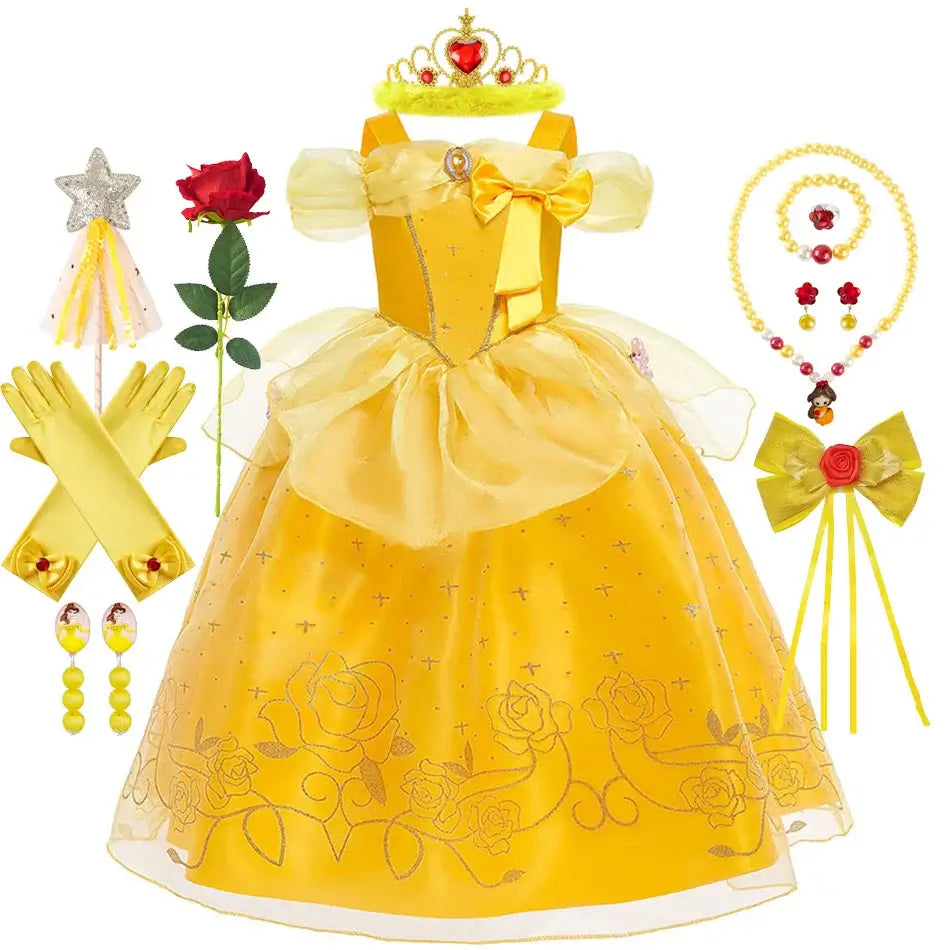 Princess Belle Cosplay Dress Disney Floral Off Shoulder Mesh Kid LED Light Halloween Costume Beauty and the Beast Birthday