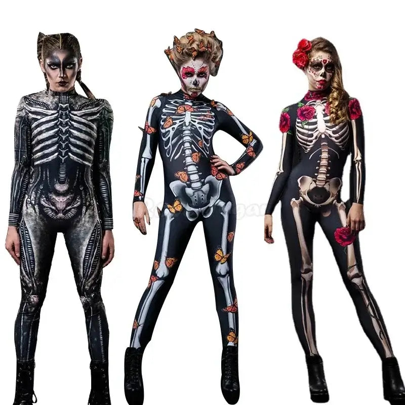 Cosplay Carnival Costume Adult Women Skeleton Bodysuit Halloween Devil Ghost Specter Jumpsuit Performance Scary Dress Up Party