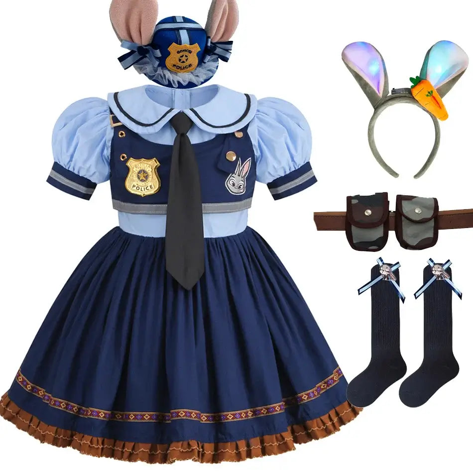 Movie Zootropolis Judy Cosplay Costume Kids Dress Tie Headdress Belt Socks Full Set Girls Police Role Play Uniform Halloween