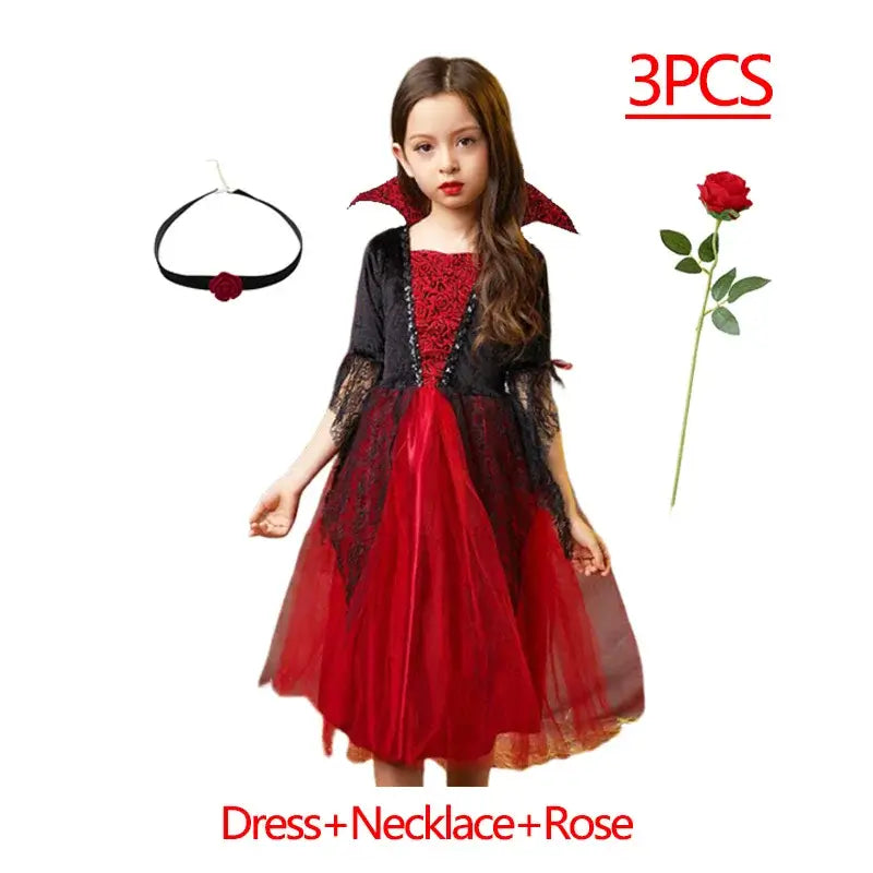 Girls Boys Vampire Dress Kid Ghost Bride Gothic Cosplay Vampire Devil Bat Halloween Costume Vampiran Carnival Outfit Clothes