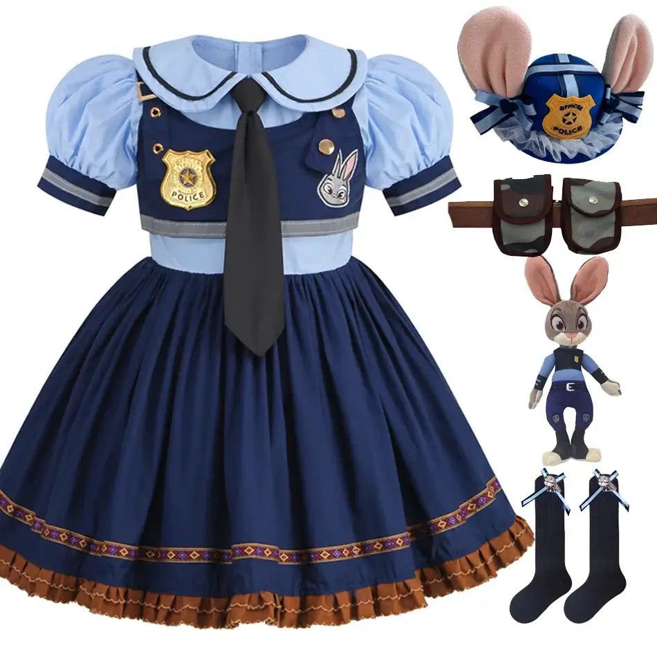 Movie Zootropolis Judy Cosplay Costume Kids Dress Tie Headdress Belt Socks Full Set Girls Police Role Play Uniform Halloween