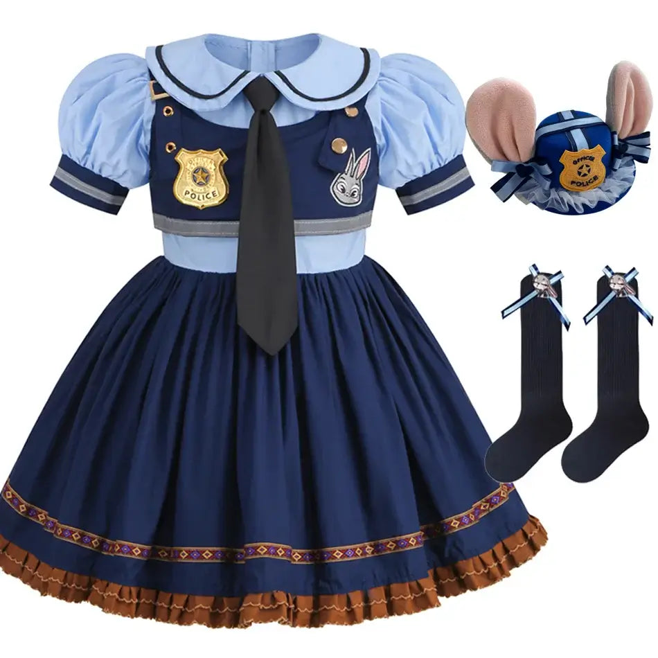 Movie Zootropolis Judy Cosplay Costume Kids Dress Tie Headdress Belt Socks Full Set Girls Police Role Play Uniform Halloween