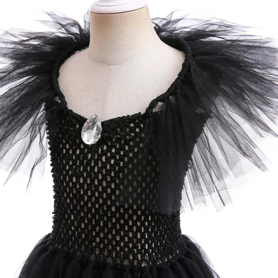 Halloween Girl Witch Costume Tulle Dress for Girls Cosplay Evil Queen Black Mesh Princess Dress Kids Crow Wand