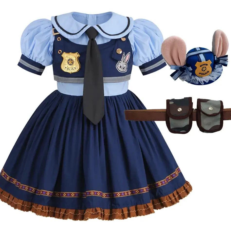 Movie Zootropolis Judy Cosplay Costume Kids Dress Tie Headdress Belt Socks Full Set Girls Police Role Play Uniform Halloween