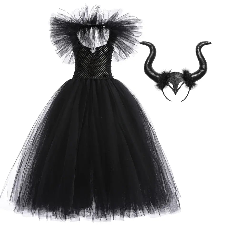 Halloween Girl Witch Costume Tulle Dress for Girls Cosplay Evil Queen Black Mesh Princess Dress Kids Crow Wand