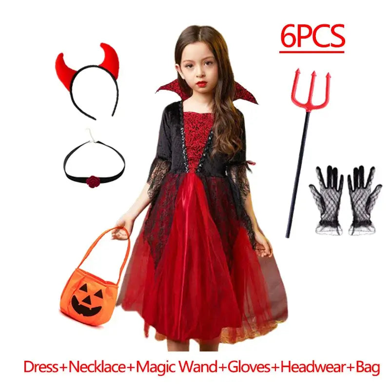 Girls Boys Vampire Dress Kid Ghost Bride Gothic Cosplay Vampire Devil Bat Halloween Costume Vampiran Carnival Outfit Clothes