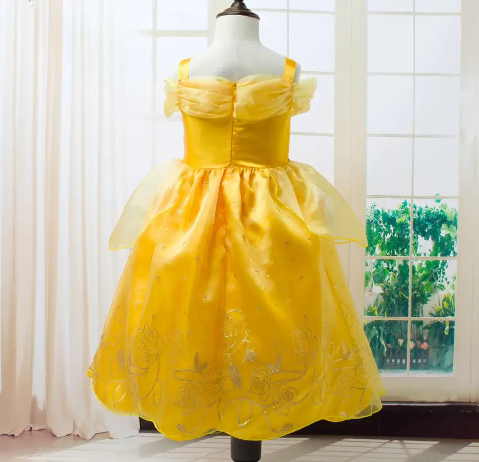 Princess Belle Cosplay Dress Disney Floral Off Shoulder Mesh Kid LED Light Halloween Costume Beauty and the Beast Birthday