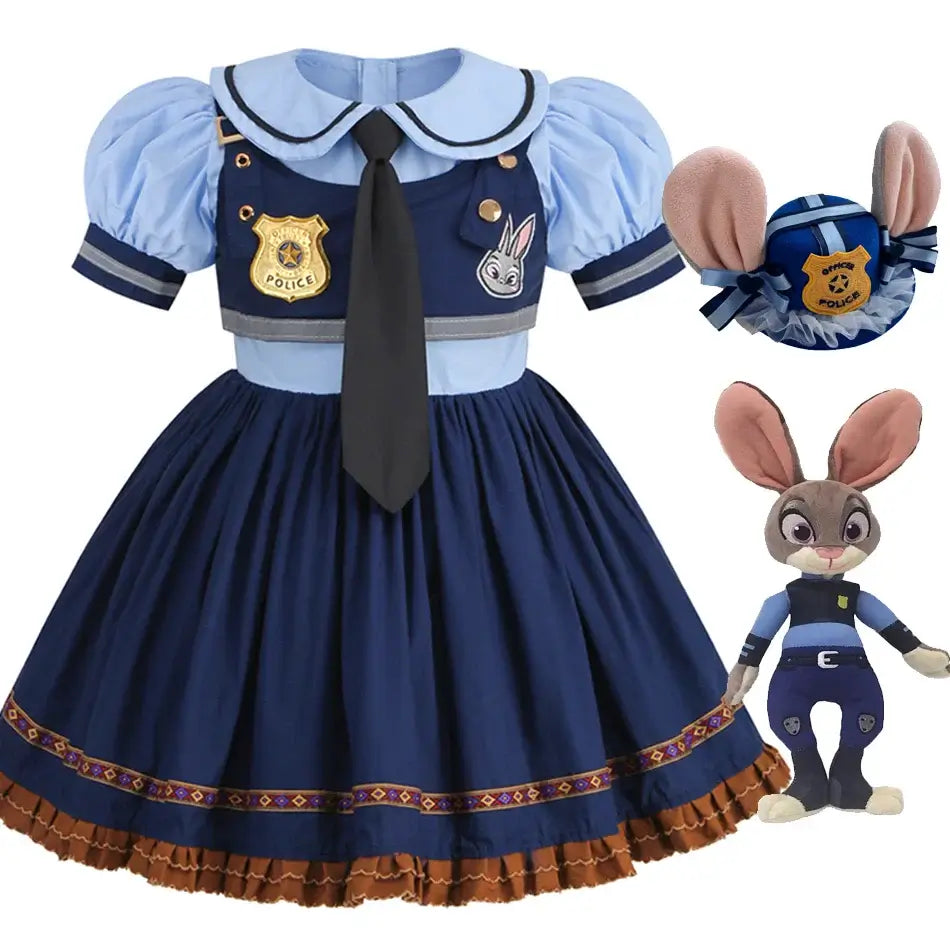 Movie Zootropolis Judy Cosplay Costume Kids Dress Tie Headdress Belt Socks Full Set Girls Police Role Play Uniform Halloween