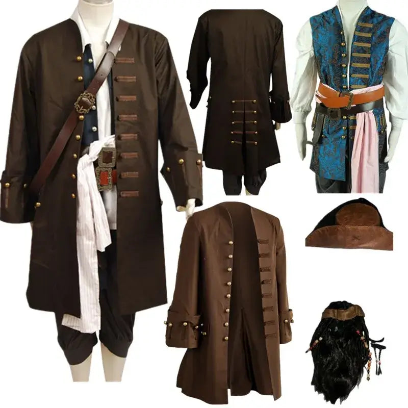 Pirate Jack Cosplay Sparrow Cosplay Costume Vest Coat Cloak Hat Halloween Carnival Christmas Outfits For Adult Men Boy Disguises