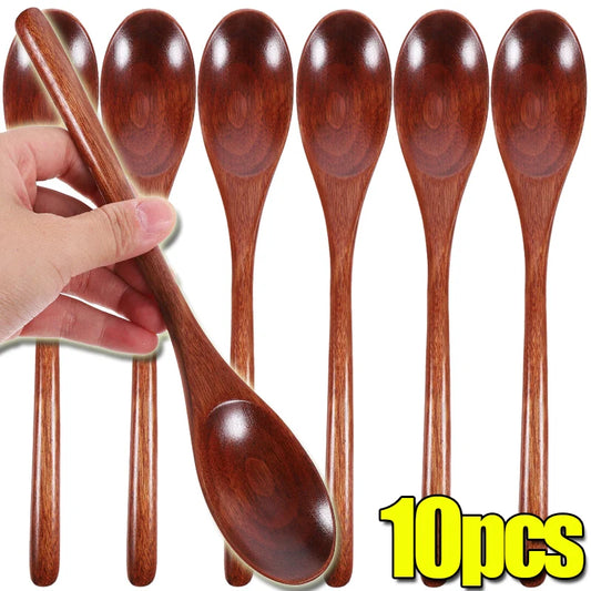 1/10PCS Wooden Soup Spoons Long Handle Coffee Milk Honey Stirring Scoops Round Pointed Reusable Teaspoons Home Kitchen Tableware