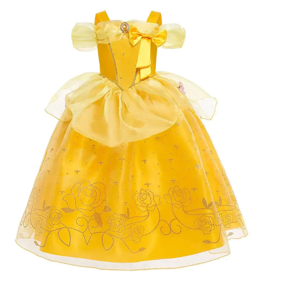 Princess Belle Cosplay Dress Disney Floral Off Shoulder Mesh Kid LED Light Halloween Costume Beauty and the Beast Birthday