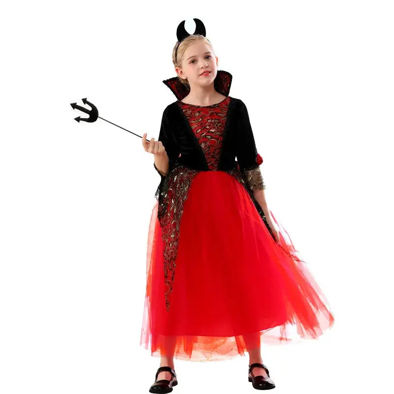 Girls Boys Vampire Dress Kid Ghost Bride Gothic Cosplay Vampire Devil Bat Halloween Costume Vampiran Carnival Outfit Clothes