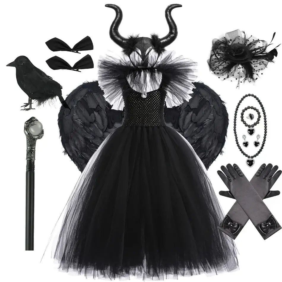 Halloween Girl Witch Costume Tulle Dress for Girls Cosplay Evil Queen Black Mesh Princess Dress Kids Crow Wand