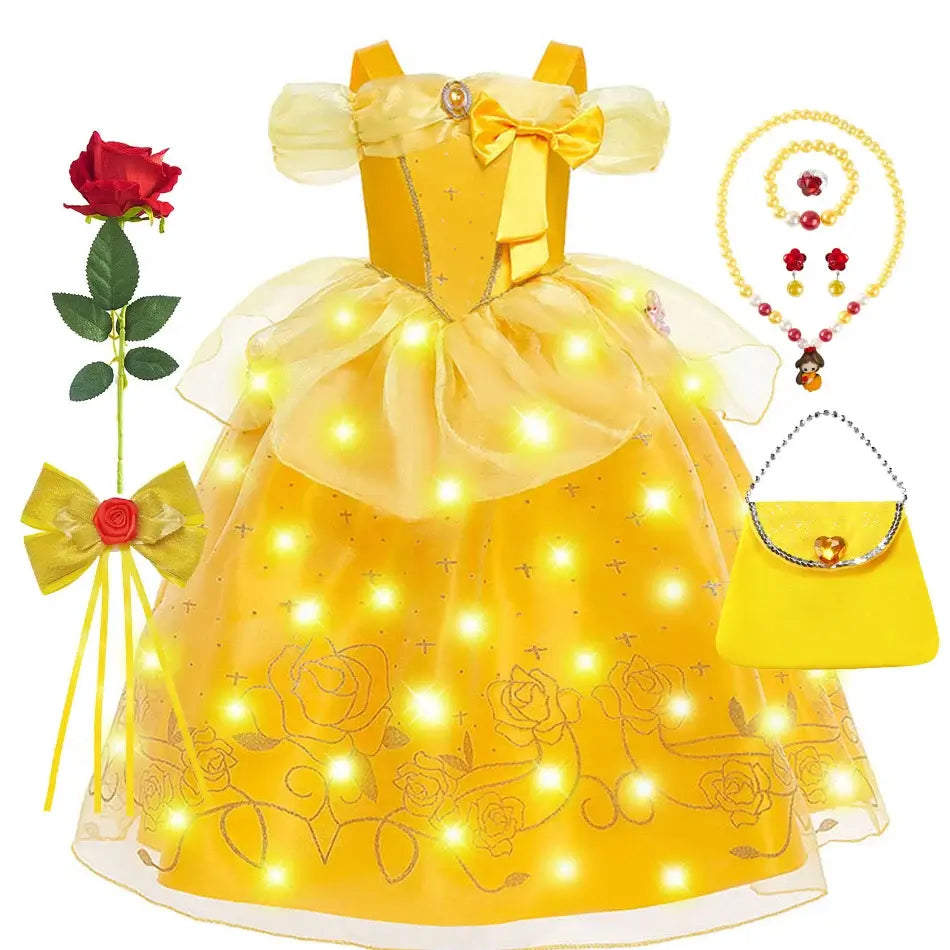 Princess Belle Cosplay Dress Disney Floral Off Shoulder Mesh Kid LED Light Halloween Costume Beauty and the Beast Birthday