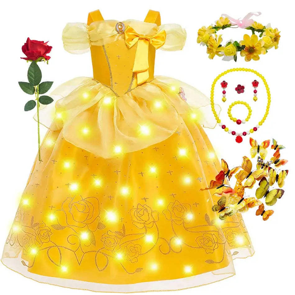 Princess Belle Cosplay Dress Disney Floral Off Shoulder Mesh Kid LED Light Halloween Costume Beauty and the Beast Birthday