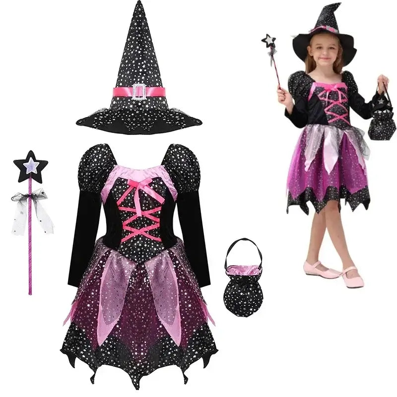 Halloween Baby Girls Cosplay Witch Costume Children Vampire Princess Dress Kids Role Playing Clothes With Bag Hat Carnival Party