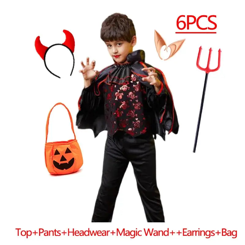 Girls Boys Vampire Dress Kid Ghost Bride Gothic Cosplay Vampire Devil Bat Halloween Costume Vampiran Carnival Outfit Clothes